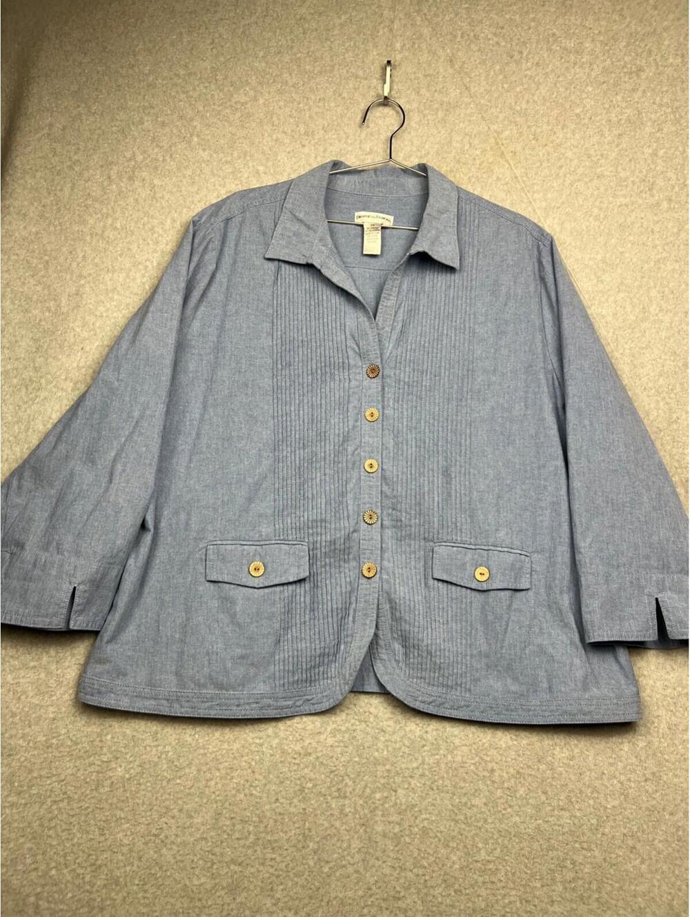 Drapers & Damons Pleated Button Up Top Shirt Womens Plus 2X Wooden Buttons